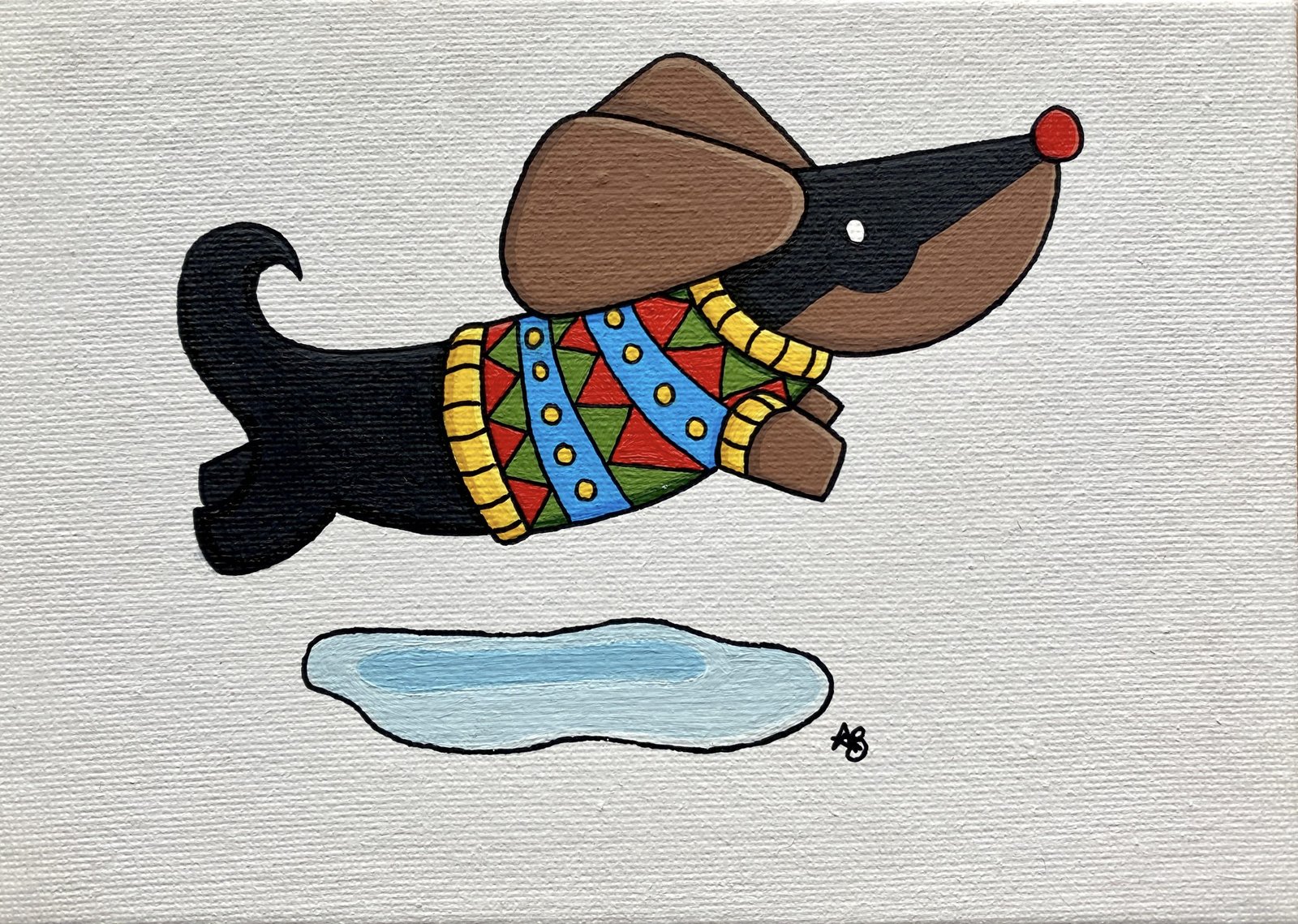 Dachshund Through The Snow Jumper Acrylic Painting By Anne Bardsley