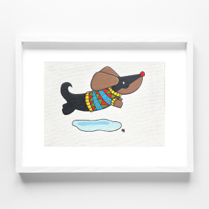 Dachshund Through The Snow Jumper Framed Acrylic Painting By Anne Bardsley