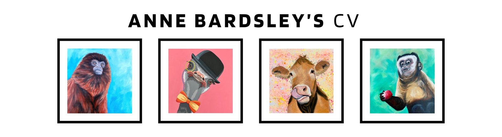Anne Bardsley Art Portfolio Featuring Four Framed Paintings: Red Titi, Ostrich, Cow And Capuchin