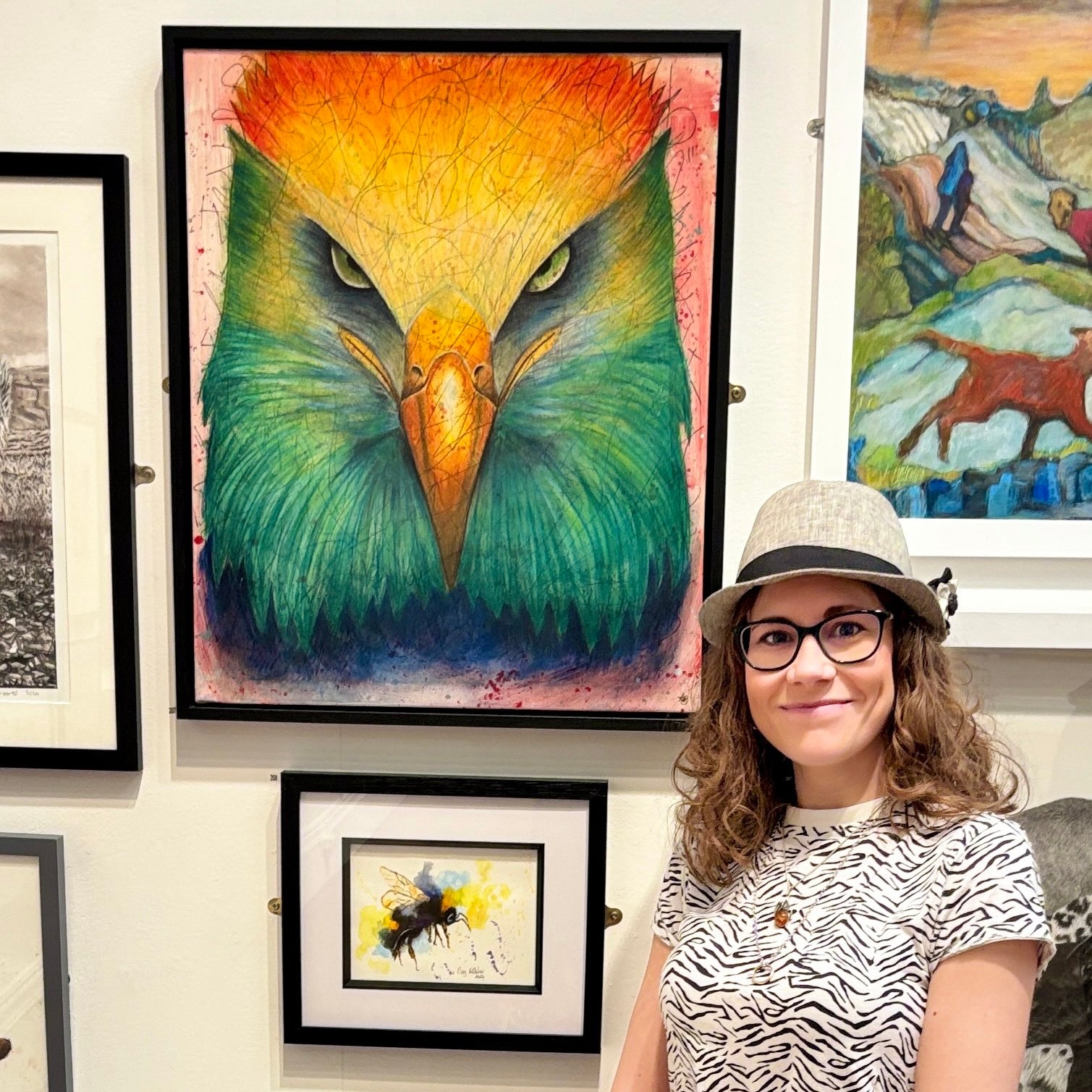 Anne Bardsley Art Bury Gallery No5 2023 Featuring Anne Bardsley Standing Beside Rainbow Raptor Painting