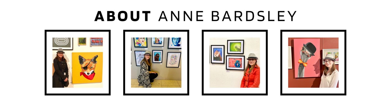 Anne Bardsley Art About Banner Featuring Four Framed Photos Of Anne Bardsley At Exhibitions