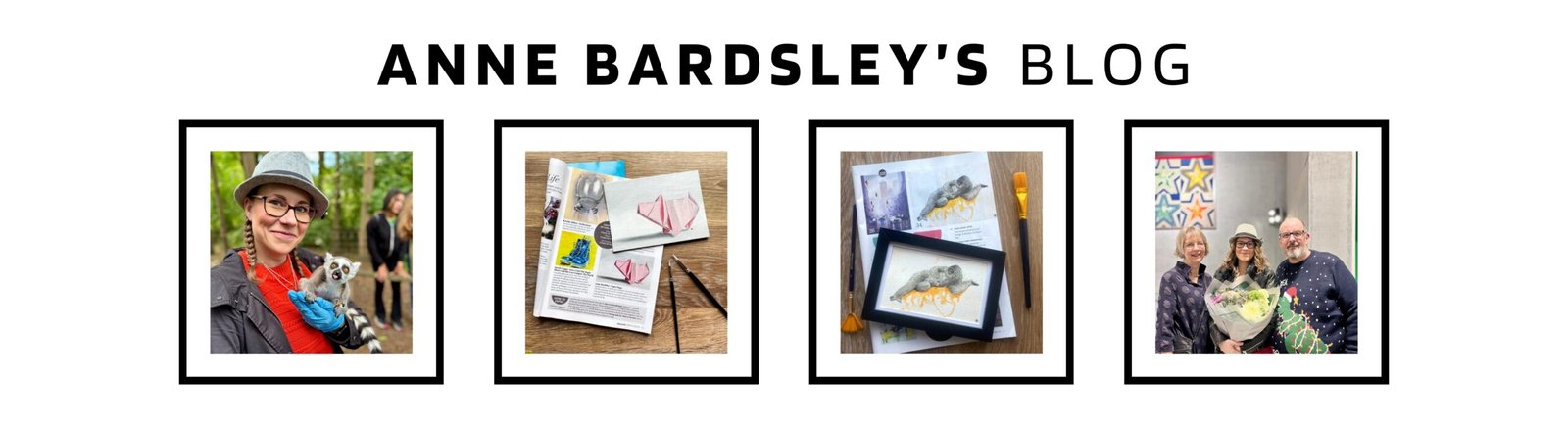 Anne Bardsley Art Blog Featuring Framed Photos Of Anne Bardsley With A Lemur, And Magazine Featuring Her Paintings 