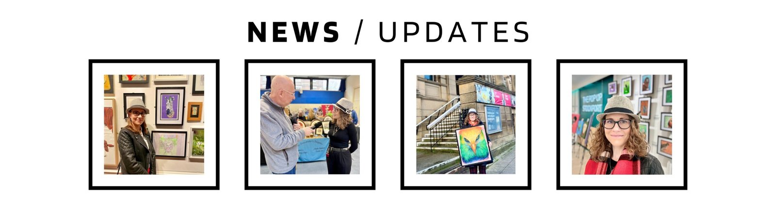Anne Bardsley News Updates Featuring Four Framed Photos Of Anne Bardsley At Exhibitions, Gallery Oldham Shop, And Being Interviewed