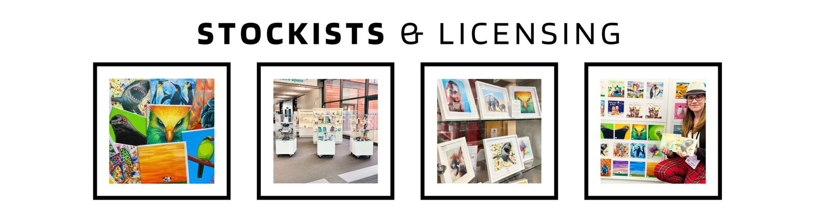 Anne Bardsley Stockist And Licensing Featuring Four Framed Photos Of Greetings Cards, Gallery Oldham Shop And Anne Bardsley At A Trade Show